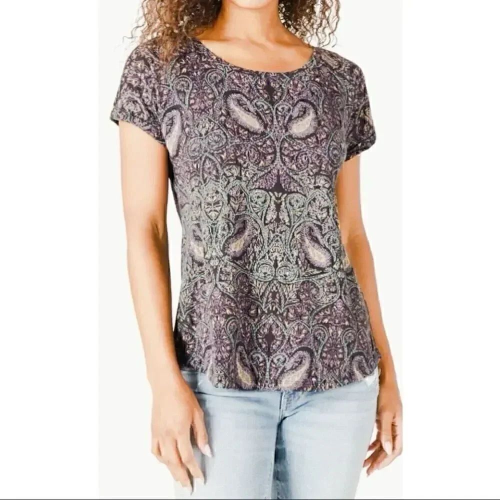Lucky Brand Slit Back Paisley Scoop Neck Breezy MulticolorTop SZ XS